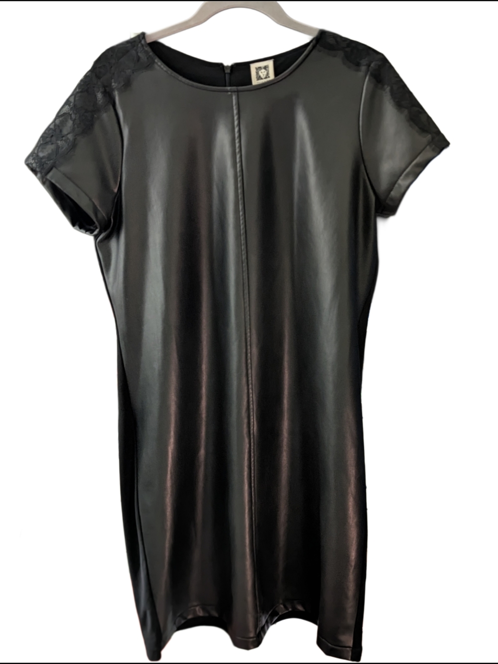 Anne Klein Black Faux Leather Dress with Lace Trim
